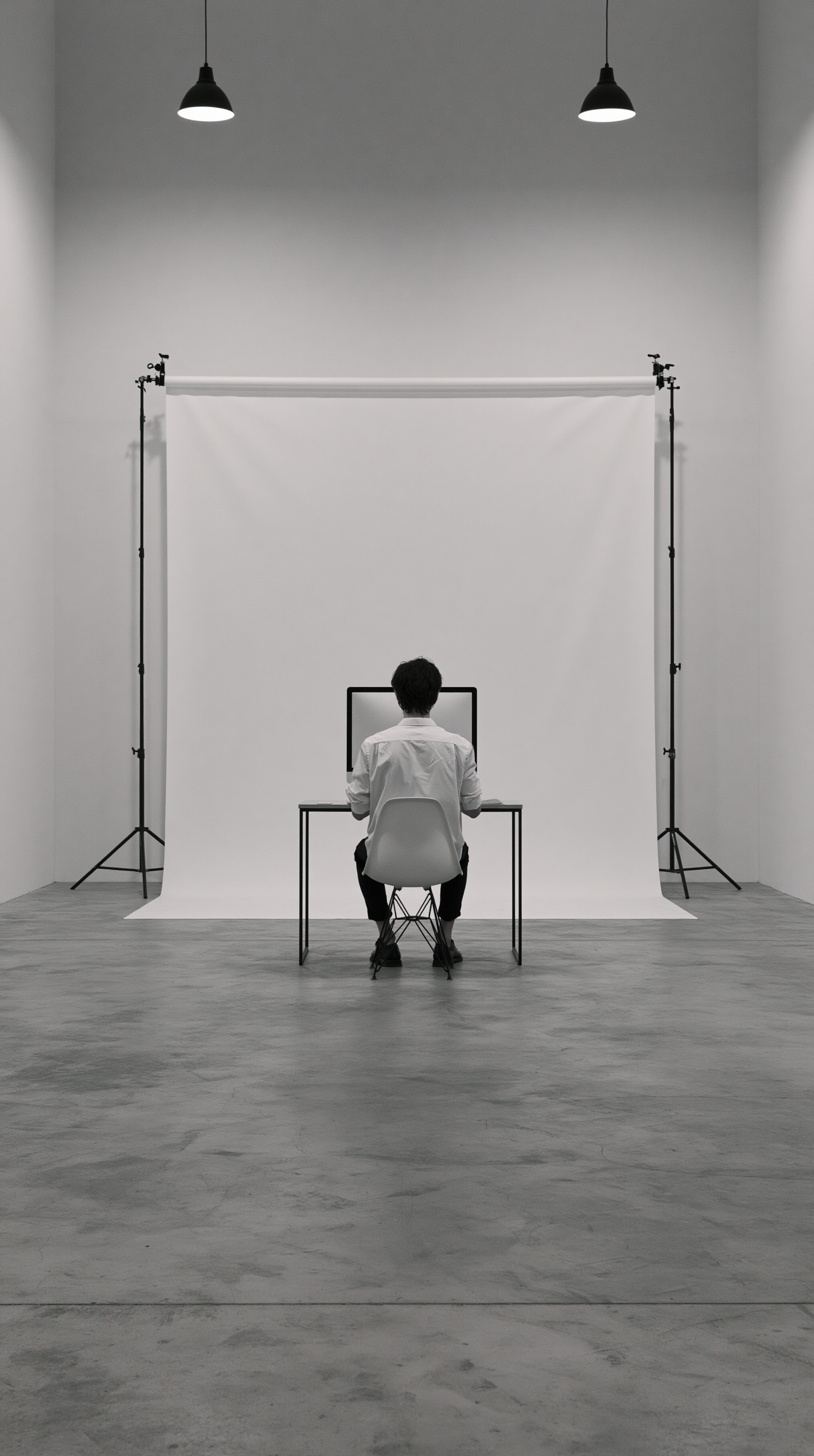 Photographer reviewing photographs on a studio wall