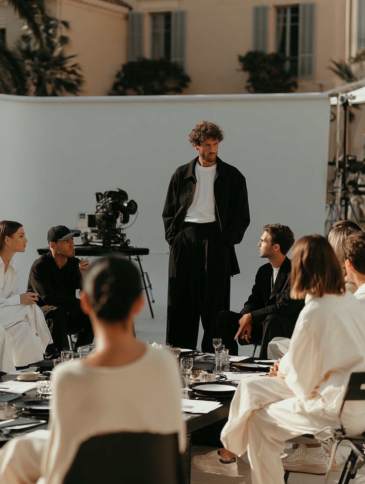 A professional photographer leading a production team on location