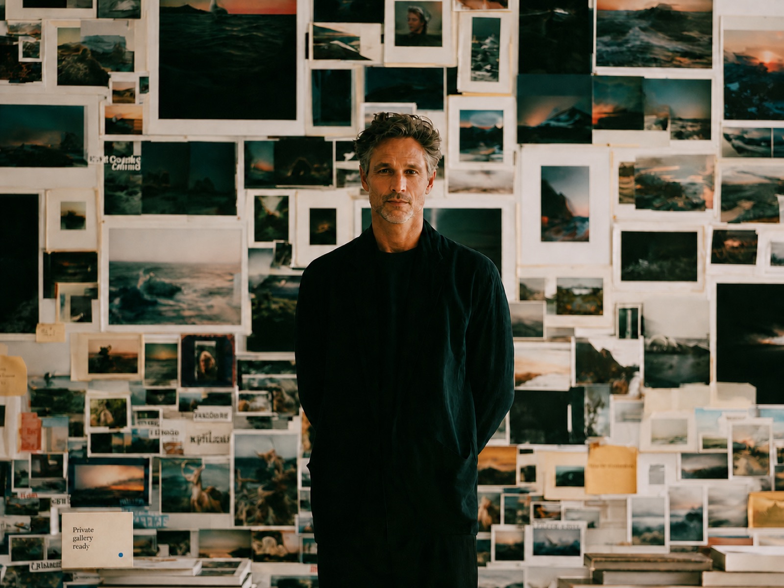 Photographer surrounded by a distinctive body of finished work, ready for private gallery delivery