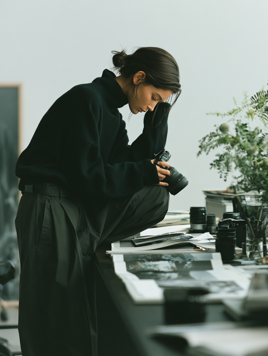 Photographer reviewing her camera in the studio