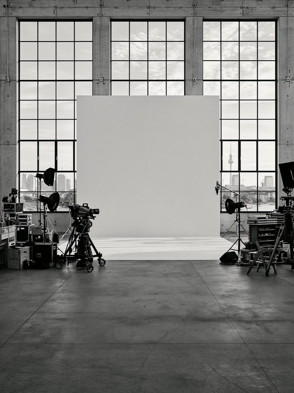 A monochrome professional photography studio prepared for an AI-era production