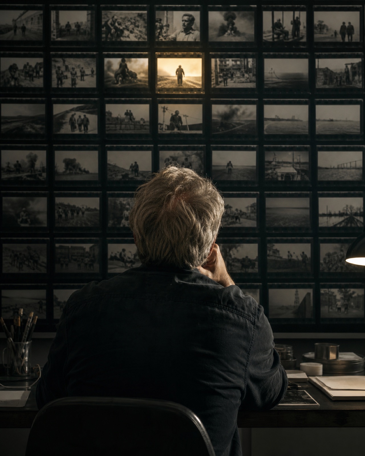A photo editor pausing over one defining frame among a contact sheet