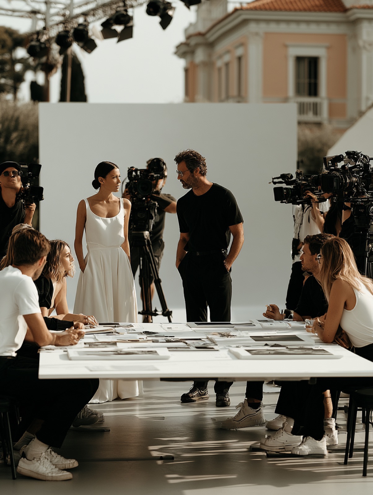 Photography team coordinating a live production around one working table