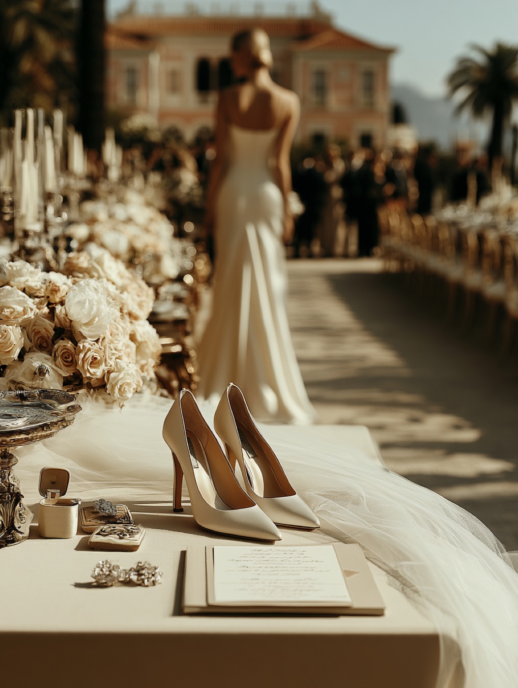 Wedding shoes, jewellery and handwritten note