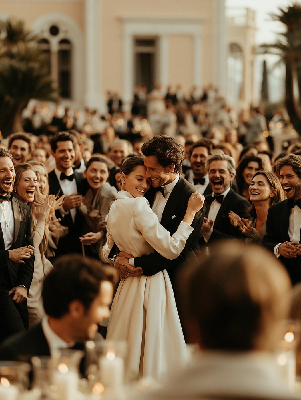 The couple surrounded by friends