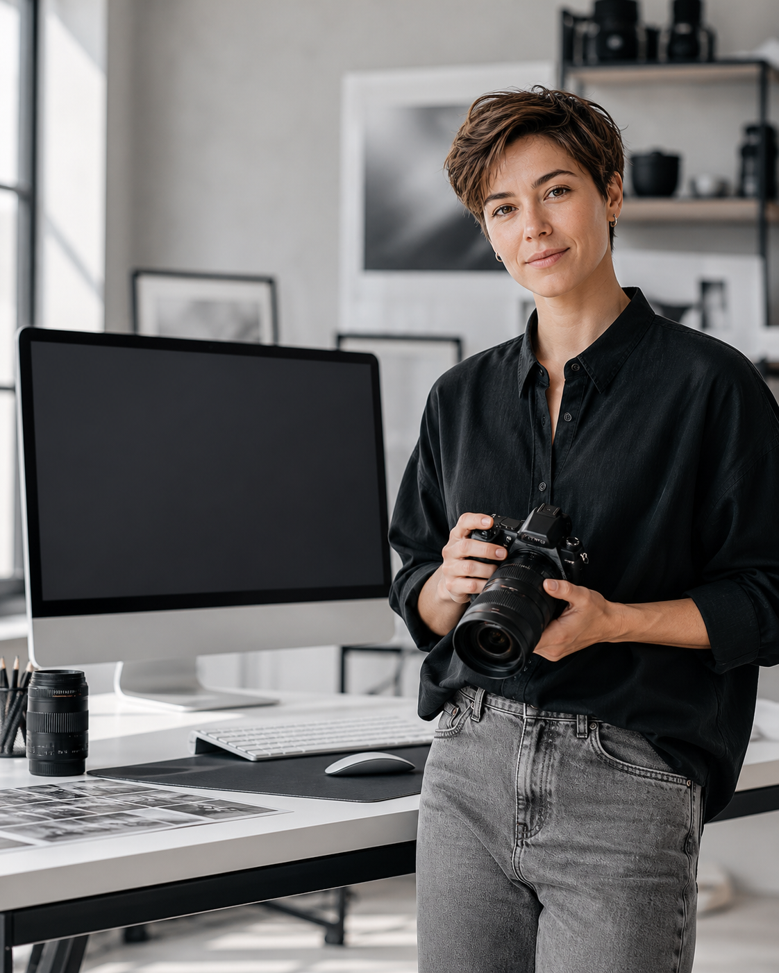Photographer standing in her studio with her camera