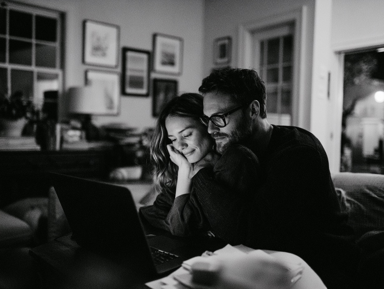 Couple experiencing their finished wedding photographs together at home
